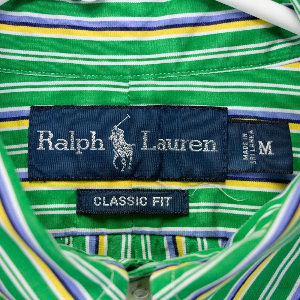 VTG Polo Ralph Lauren Mens Medium Green Stripe Classic‎ Fit LS Shirt